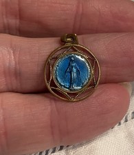 French medal Virgin Mary ⅝” Blue Miraculous  Brass Necklace Pendant Gold Antique