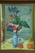 peinture toile nature morte fleurs fruits still life painting flowers signé '82