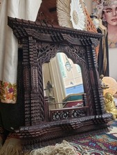 Fenêtre indienne avec miroir en bois de teck sculpté hindou vintage - NÉPAL 