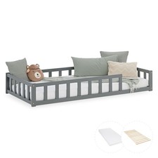 Lit D'Enfant 90x200 avec Matelas Lit Montessori Barriere Bois Gris Homestyle4u