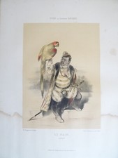 FRAGONARD (1806-1876) LITHO COULEUR XIX° COSTUME HOMME NAIN NAINISME PERROQUET