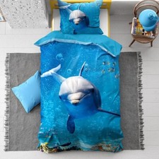 Parure Lit Housse de Couette 140x200+Taie Oreiller 100% Coton Enfant Bleu Dolly