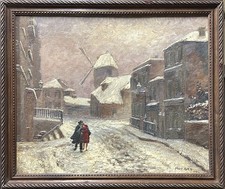 Paris Mill of Montmartre Winter, Antique Original Oil Canvas Painting, Signed