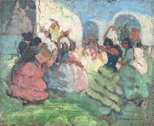 LUCIENNE CAPDEVIELLE TABLEAU 1920 PEINTURE DANSES ROMANIA GENS DU VOYAGE
