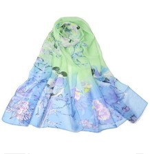 Foulard Femme Motif Oiseaux Fond Bleu et Vert  - Bijoux des Lys