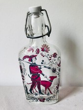 Flasque bouteille gourde plate ancienne - verre joli décor - bouchon porcelaine