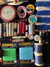 Vtg French Job Lot Haberdashery 43 Cotton Reels and Wool Threads Tin Buttons