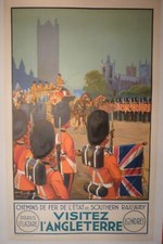 Affiche ancienne originale chemin de fer Angleterre Paris Londres 1932 entoilée