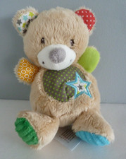 S8. DOUDOU PELUCHE NICOTOY OURS  Beige vert bleu rouge rond étoile 16cm - TTBE *