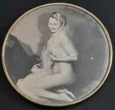 ANCIEN PETIT MIROIR DE SAC POCHE VINTAGE EN LAITON PHOTO PLASTIFIEE