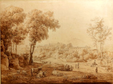 CHEV-DESSIN ORIGINAL-SIGNÉ-BOURGEOIS DU CASTELET-VUE-ENVIRONS DE ROME-1834