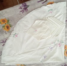 Z* NAPPE RONDE diam 170 cm fleurs brodées et jours + 7 serviettes 40x40 cm NEUF