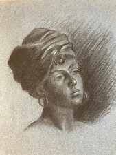 Tres Beau Dessin Peinture Fusain Jeune femme Art Deco Portrait Ancien