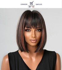 Perruque Carré Femme Noire Brun Coupe Cheveux Court Lisse Synthétique Wig Frange