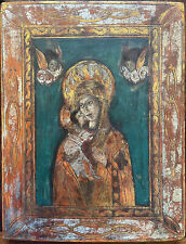 Tableau ancien Icône Russe à décors incisé feuilles argentées Vierge à l'enfant