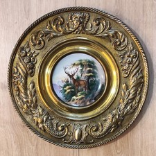 Assiette Décorative En Porcelaine & Laiton Cerf Dans Un Paysage Montagneux 19éme