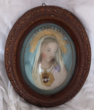Vierge Marie cadre reliquaire ovale Verre Bombé plâtre