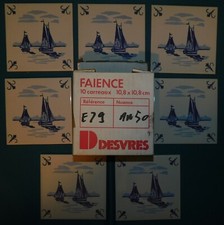 LOT DE 7 CARREAUX CARRELAGE EN FAÏENCE DE DESVRES NEUF 11cm .70's. DÉCOR BATEAU
