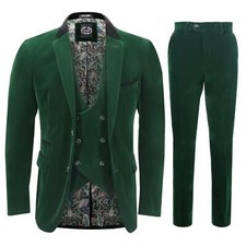 Hommes 3 Pièce Velours Vert Costume Coupe Ajustée Mariage Palefrenier Fête Veste
