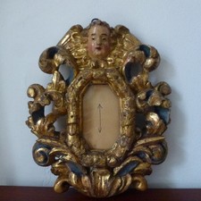 Ancien Cadre Baroque Bois Sculpté Doré Reliquaire Angelot Venitien 18e Reliquary
