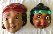 Pr Vintage French Hand Painted 50s Cardboard Face Masks Pirate Native American