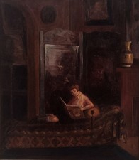 GRAND & BEAU TABLEAU ANONYME 1930 - INTÉRIEUR AVEC JEUNE FILLE A SA LECTURE