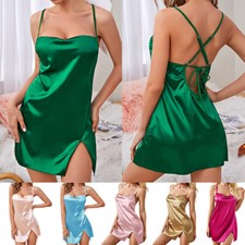 Vêtements De Nuit En Satin Pour Femmes Col En V Couleur Unie Lingerie Robe À /