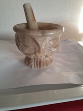 ANCIEN MORTIER Visages Chinois ET SON PILON EN PIERRE DURE ONYX (MARBRE) 