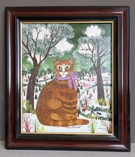 Marie Jo Radenac Tableau Peinture Huile Hst Paysage Naïf Chat Roux En Hiver