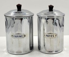 Vintage French PAIR FLUTED CHROME KITCHEN CANISTERS Food Storage Bakelite Knobs