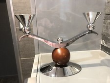 Bougeoir chandelier art déco Memphis double feux métal argenté et bois