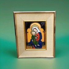 icône de la vierge Marie et l'enfant en métal émaillé signé et encadré