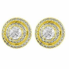 1.05CT Rond Brillant Imitation Diamant or Jaune Plaqué Halo Boucles D'Oreilles