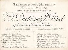 VIEUX PAPIER CARTE DE VISITE PARIS 75002 F.DUSCHESNE P.BINET TISSUS POUR MEUBLES