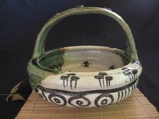 Bol en faïence Oribe avec poignée fait main W8inch Sato Kazuji Japon ancien