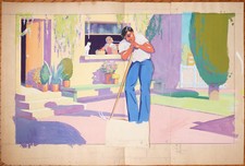Grande gouache de Léo FONTAN vers 1937 jardin chat ART DECO