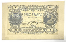 Billet Banque 2 Francs 1871 France Société Générale Paris REF80729