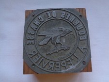 ANCIEN TAMPON MATRICE IMPRIMERIE PLOMB BOIS OISEAU L' EPERVIER BOURRES DE CHASSE