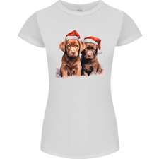 T-Shirt Femme Petite Coupe Chiots Labrador Chocolat Noël Xmas