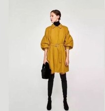 Zara Mustard Yellow Balloon Sleeves Water Repellent Trench Coat XS NWT