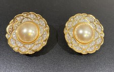 Gold Tone Signed Swarovski ( Swan) Faux Pearl Flower Clip On Earrings