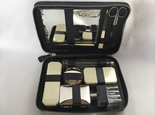 Ancien NÉCESSAIRE DE VOYAGE en CUIR Bleu MONOGRAMMÉ « R » Trousse de Toilette