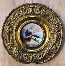 Ancienne Assiette Décorative Murale En Porcelaine Paysage enneigé & Laiton Doré