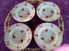 4 Assiettes Creuses anciennes Demi Porcelaine Badonviller Déco Floral Rouge 23cm