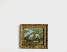 CADRE ANCIEN BOIS DORE PEINTURE HUILE SUR TOILE "MOUTONS ET POULE"