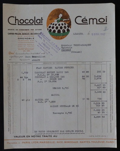 Facture limoges 1947 chocolat - limoges,