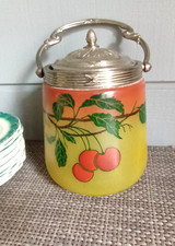 ANCIEN POT / BOITE A BISCUITS COLLECTION ORANGE/JAUNE DECOR CERISES DECO VINTAGE