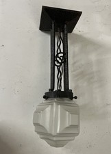 SUSPENSION ART DECO GLOBE VERRE GIVRÉ Géométrique , lustre Fer Forgé