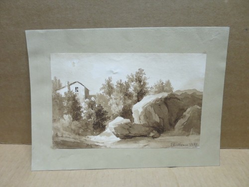 Ancien dessin lavis paysage - ancien, au