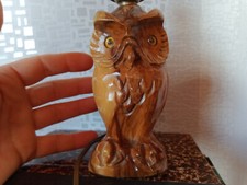Petit pied de lampe vintage - HIBOU - bois sculpté verni - petits yeux plastique